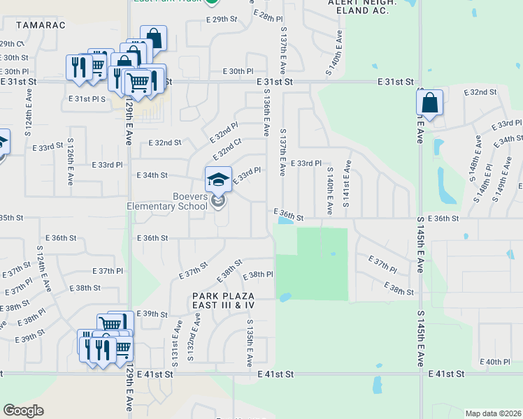 map of restaurants, bars, coffee shops, grocery stores, and more near 3605 South 136th East Avenue in Tulsa