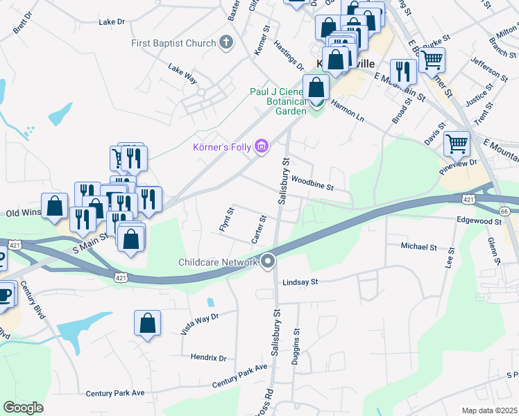 map of restaurants, bars, coffee shops, grocery stores, and more near 219 Center Street in Kernersville