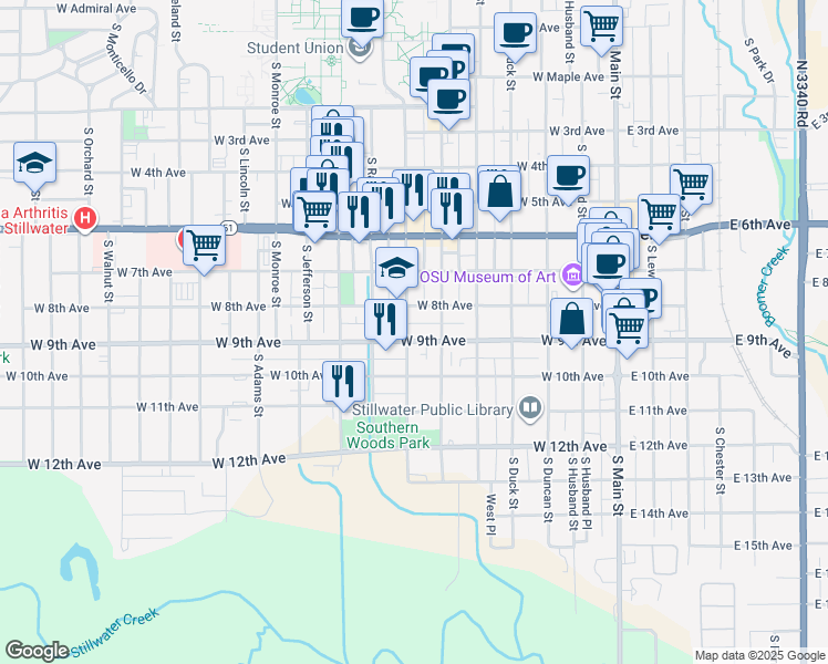 map of restaurants, bars, coffee shops, grocery stores, and more near 624 West 9th Avenue in Stillwater