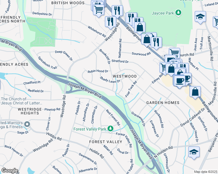 map of restaurants, bars, coffee shops, grocery stores, and more near 2504 Gracewood Drive in Greensboro