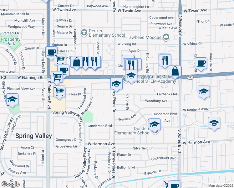 map of restaurants, bars, coffee shops, grocery stores, and more near 6480 Fairbanks Road in Las Vegas