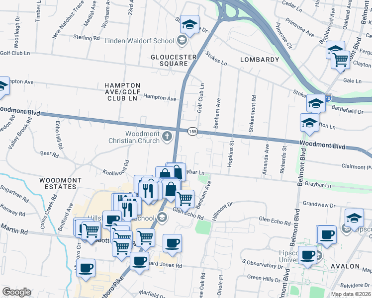 map of restaurants, bars, coffee shops, grocery stores, and more near 2025 Woodmont Boulevard in Nashville