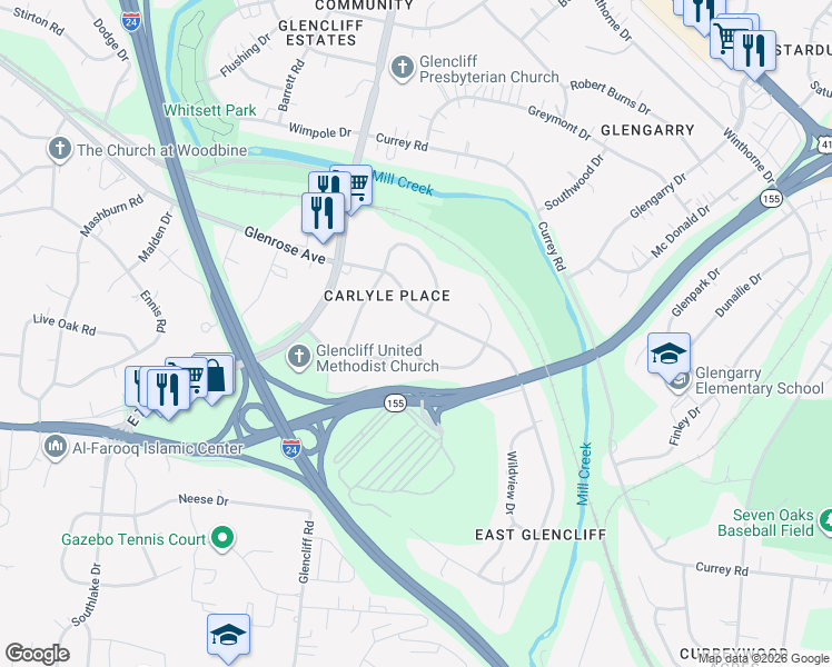 map of restaurants, bars, coffee shops, grocery stores, and more near 726 Dover Road in Nashville