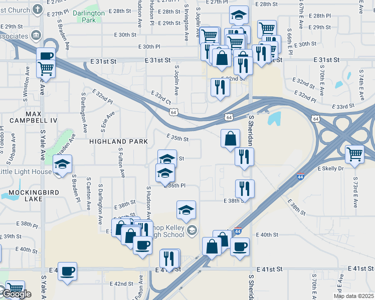 map of restaurants, bars, coffee shops, grocery stores, and more near 3516 South Joplin Court in Tulsa