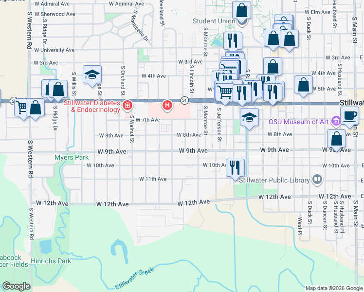 map of restaurants, bars, coffee shops, grocery stores, and more near 818 South Blakeley Street in Stillwater