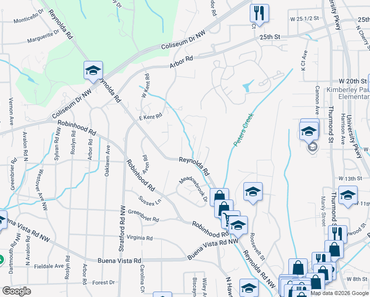 map of restaurants, bars, coffee shops, grocery stores, and more near 1025 Deepwood Court Northwest in Winston-Salem