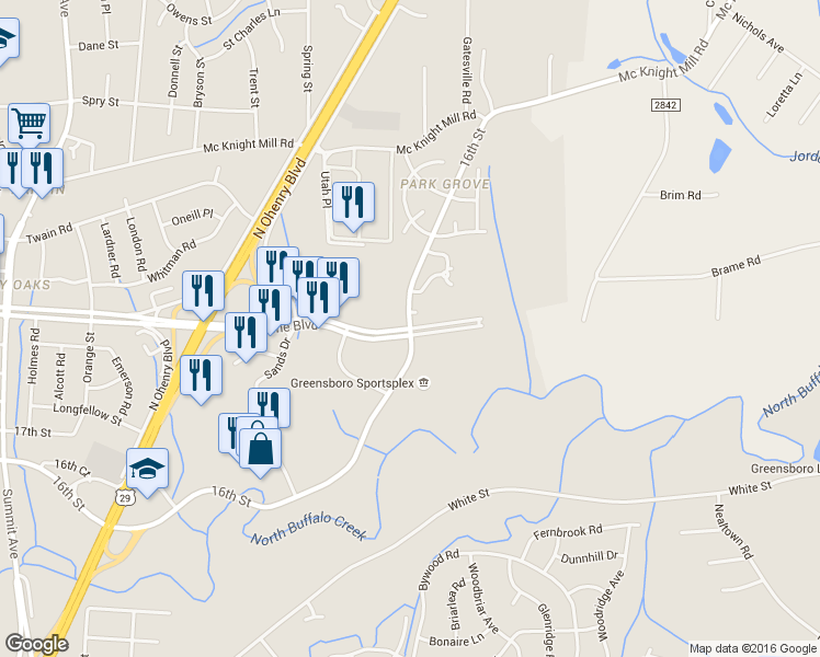 map of restaurants, bars, coffee shops, grocery stores, and more near 2500 16th Street in Greensboro