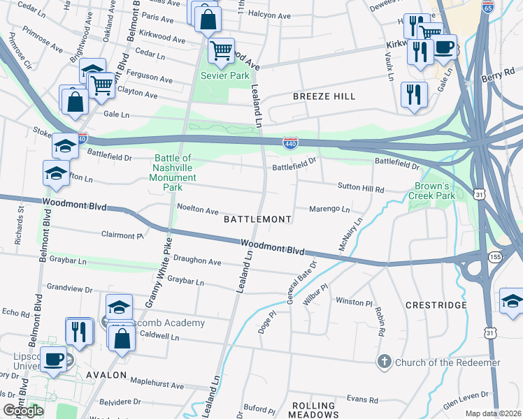map of restaurants, bars, coffee shops, grocery stores, and more near 3324 Lealand Lane in Nashville