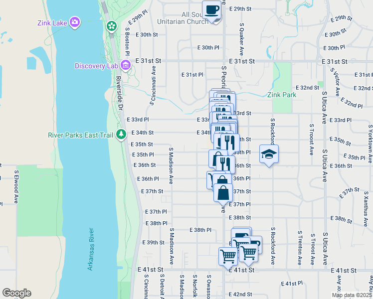 map of restaurants, bars, coffee shops, grocery stores, and more near 1031 East 35th Place in Tulsa