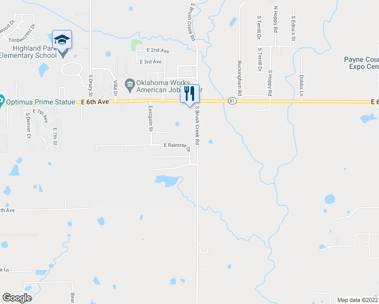 map of restaurants, bars, coffee shops, grocery stores, and more near 3302 East Raintree Drive in Stillwater