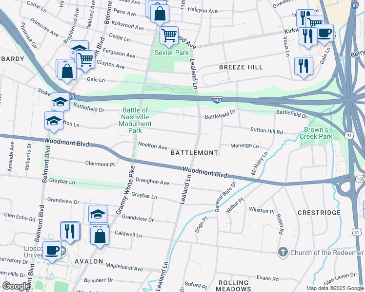map of restaurants, bars, coffee shops, grocery stores, and more near 1004 Noelton Ave in Nashville