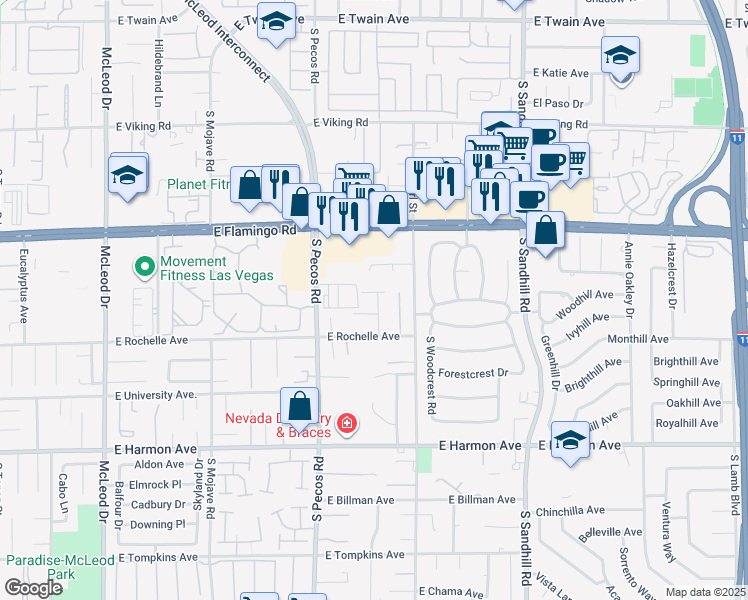 map of restaurants, bars, coffee shops, grocery stores, and more near 3525 Raina Ridge Street in Las Vegas