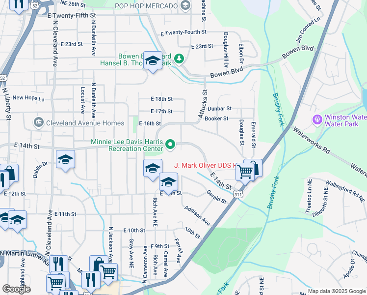 map of restaurants, bars, coffee shops, grocery stores, and more near 1351 Addison Avenue in Winston-Salem
