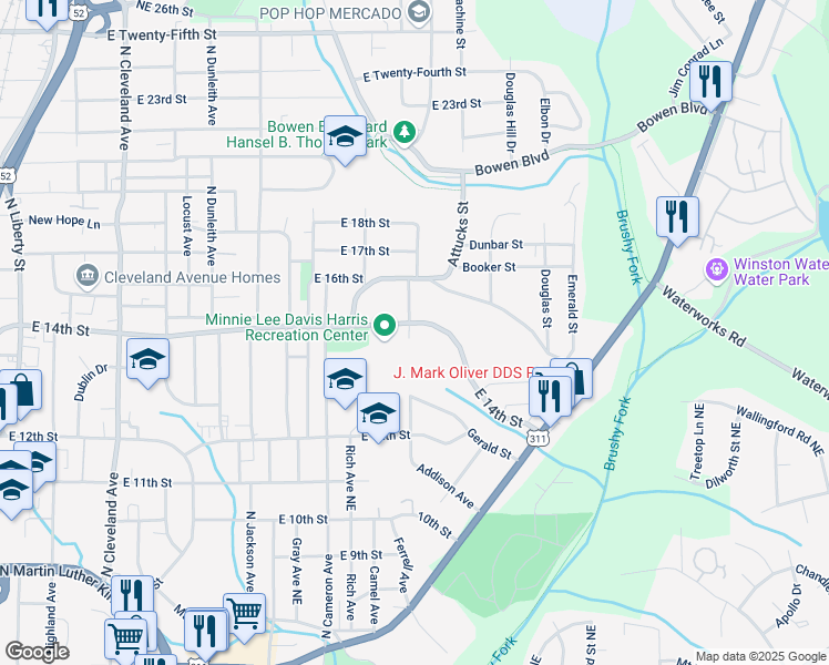 map of restaurants, bars, coffee shops, grocery stores, and more near 1351 Addison Avenue in Winston-Salem