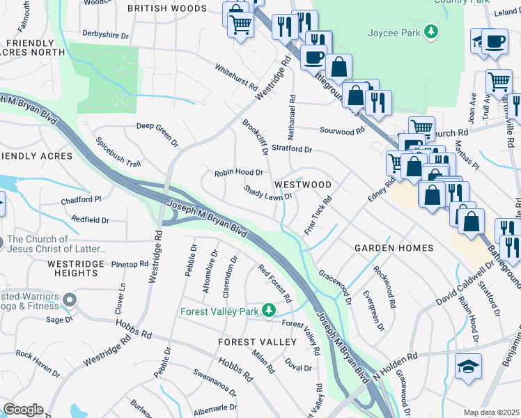 map of restaurants, bars, coffee shops, grocery stores, and more near 2504 Gracewood Drive in Greensboro