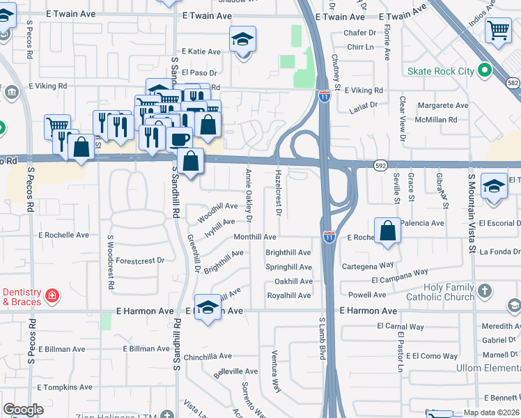 map of restaurants, bars, coffee shops, grocery stores, and more near 4245 Hazelcrest Drive in Las Vegas