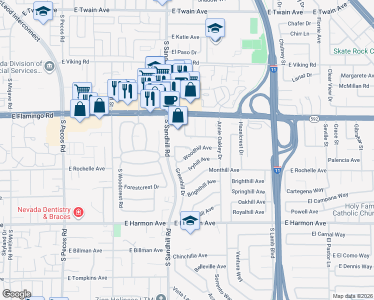map of restaurants, bars, coffee shops, grocery stores, and more near 3870 Woodhill Avenue in Las Vegas