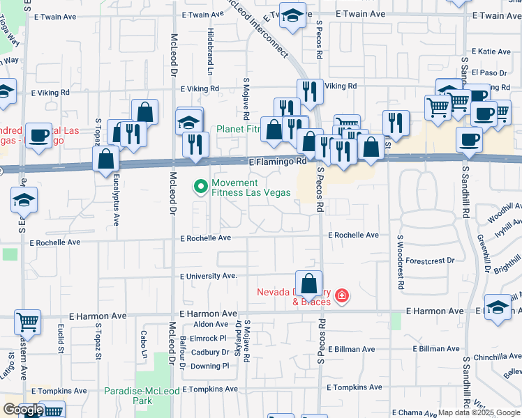 map of restaurants, bars, coffee shops, grocery stores, and more near 3265 East Flamingo Road in Las Vegas