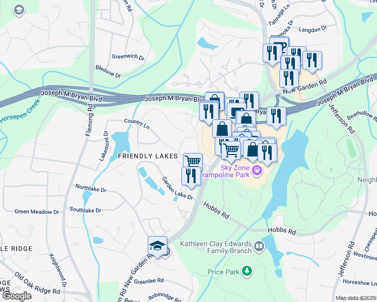 map of restaurants, bars, coffee shops, grocery stores, and more near 1545 New Garden Road in Greensboro