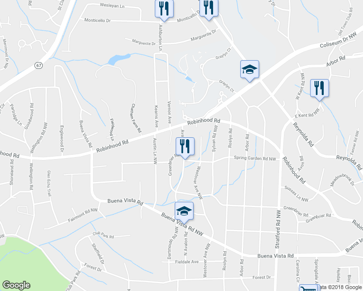 map of restaurants, bars, coffee shops, grocery stores, and more near 821 Avalon Road North in Winston-Salem