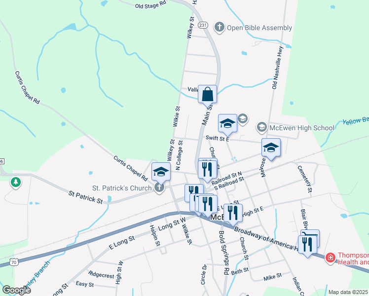 map of restaurants, bars, coffee shops, grocery stores, and more near 383 Main Street in McEwen