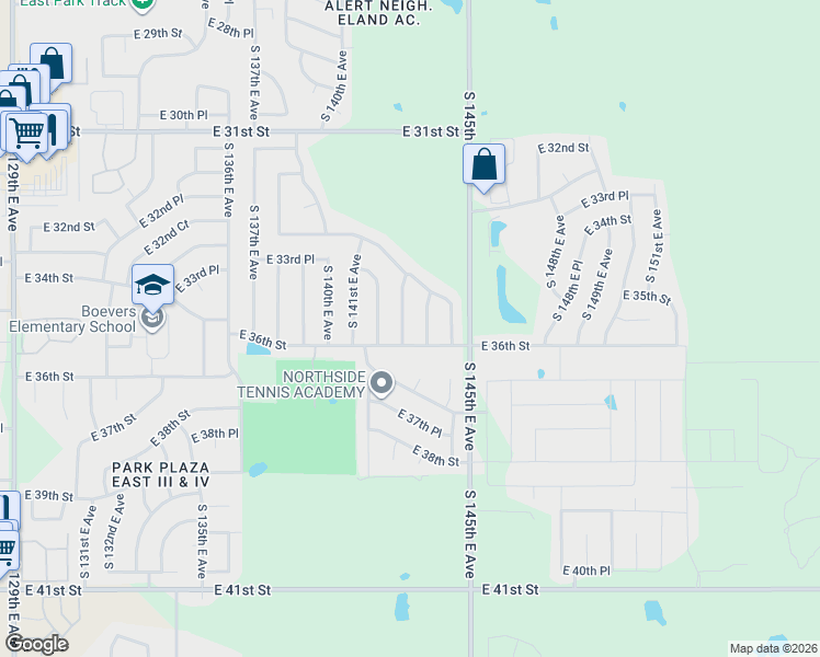 map of restaurants, bars, coffee shops, grocery stores, and more near 3341 South 144th East Avenue in Tulsa