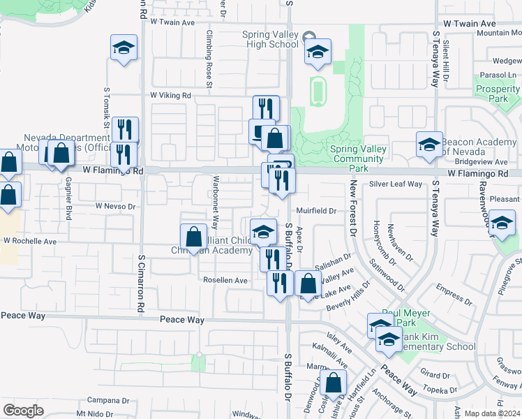 map of restaurants, bars, coffee shops, grocery stores, and more near 7885 West Flamingo Road in Las Vegas