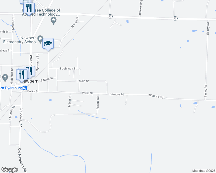 map of restaurants, bars, coffee shops, grocery stores, and more near 110 McCullough Avenue in Newbern