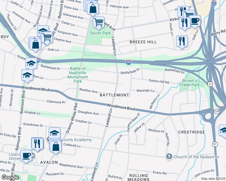 map of restaurants, bars, coffee shops, grocery stores, and more near 3324 Lealand Lane in Nashville