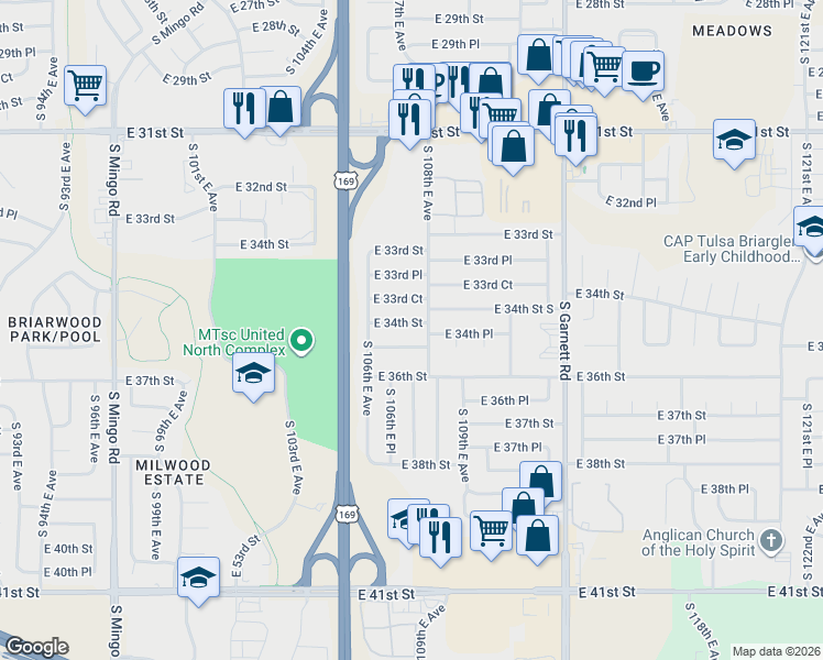 map of restaurants, bars, coffee shops, grocery stores, and more near 10627 East 34th Place in Tulsa