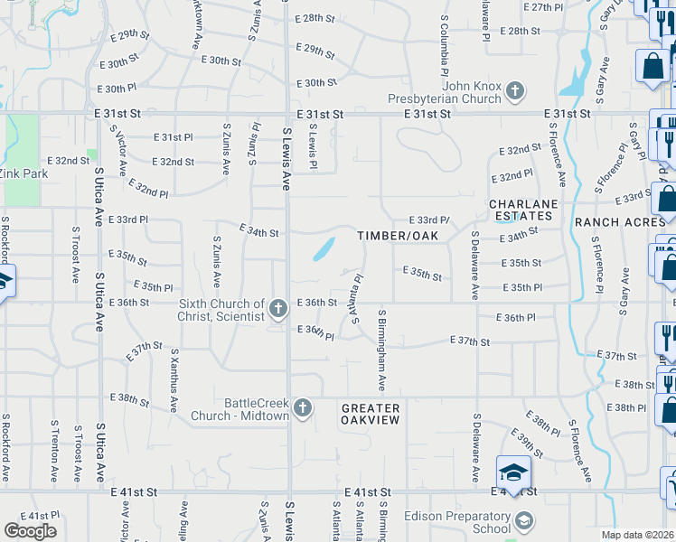 map of restaurants, bars, coffee shops, grocery stores, and more near 3442 South Atlanta Place in Tulsa