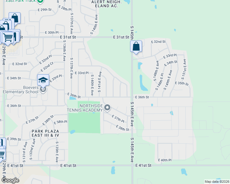 map of restaurants, bars, coffee shops, grocery stores, and more near 3341 South 144th East Avenue in Tulsa