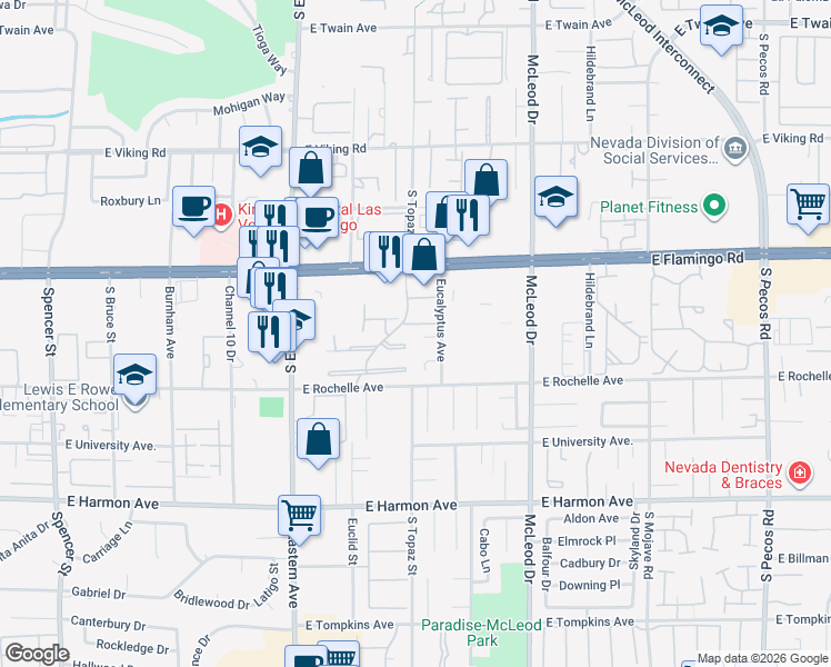 map of restaurants, bars, coffee shops, grocery stores, and more near 2660 Diamante Circle in Las Vegas