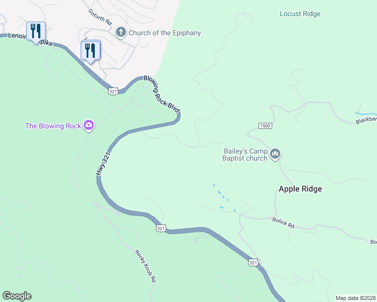 map of restaurants, bars, coffee shops, grocery stores, and more near 8080 Cone Orchard Lane in Lenoir