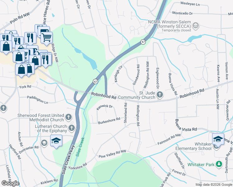 map of restaurants, bars, coffee shops, grocery stores, and more near 3131 Robinhood Road in Winston-Salem