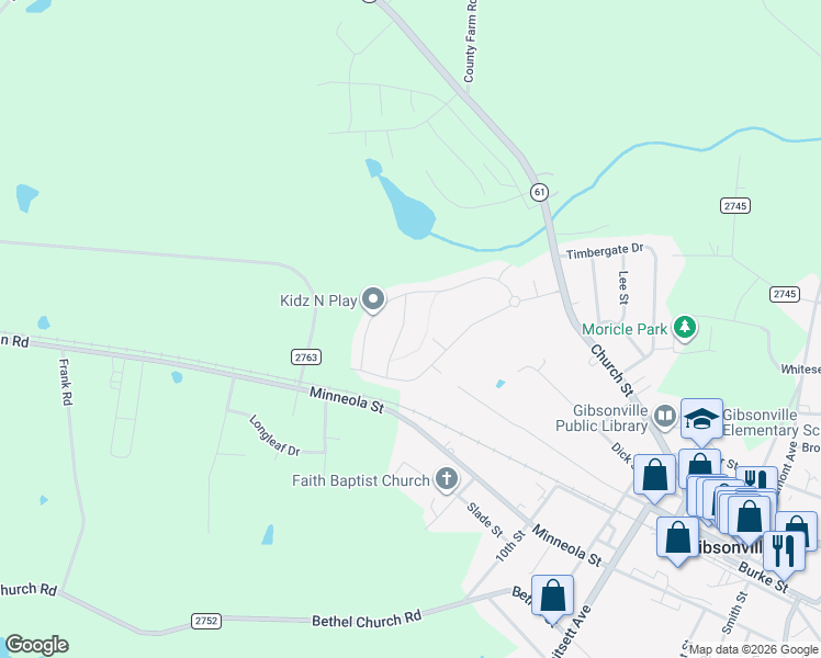 map of restaurants, bars, coffee shops, grocery stores, and more near 5501 North Carolina 61 in Gibsonville