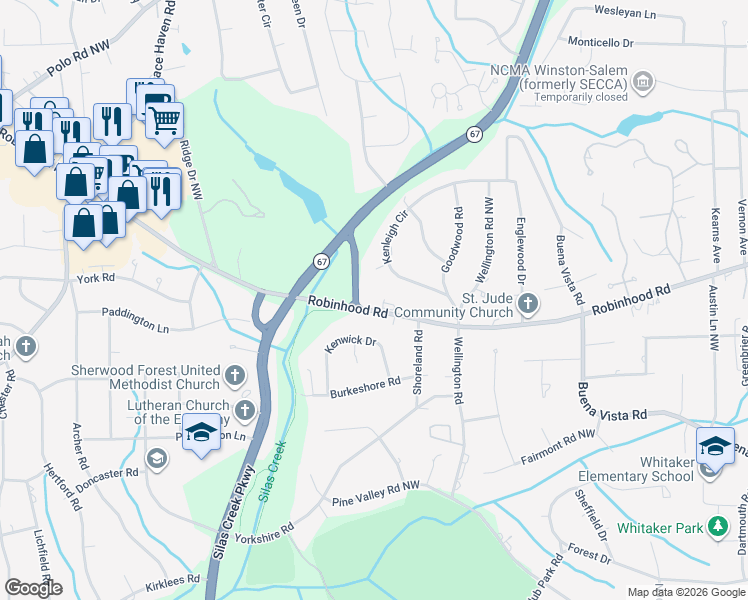 map of restaurants, bars, coffee shops, grocery stores, and more near 3131 Robinhood Road in Winston-Salem