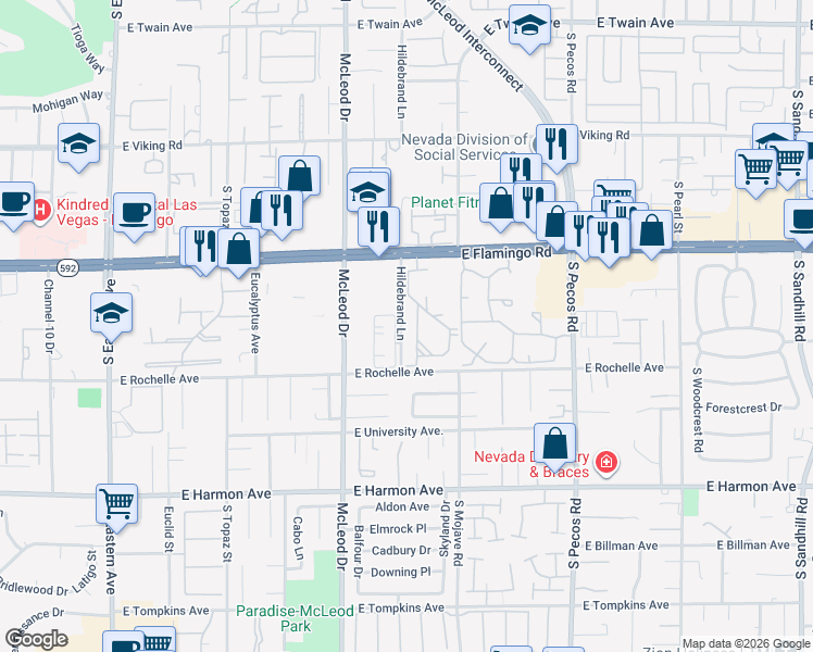 map of restaurants, bars, coffee shops, grocery stores, and more near 2048 Hildebrand Lane in Las Vegas