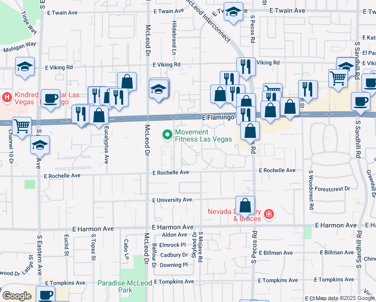 map of restaurants, bars, coffee shops, grocery stores, and more near 3145 East Flamingo Road in Las Vegas