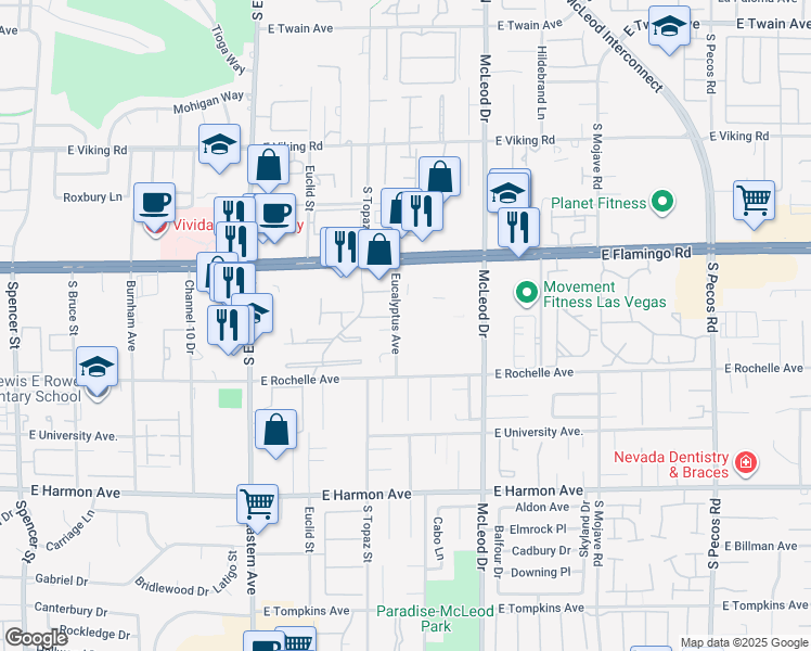 map of restaurants, bars, coffee shops, grocery stores, and more near 4212 Eucalyptus Avenue in Las Vegas