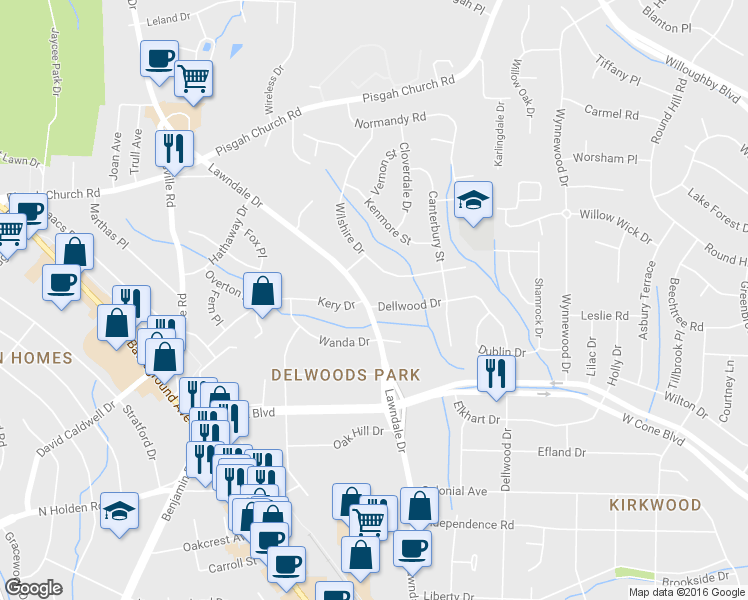 map of restaurants, bars, coffee shops, grocery stores, and more near 3400 Lawndale Drive in Greensboro