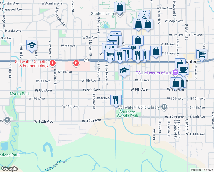 map of restaurants, bars, coffee shops, grocery stores, and more near 824 South Jefferson Street in Stillwater