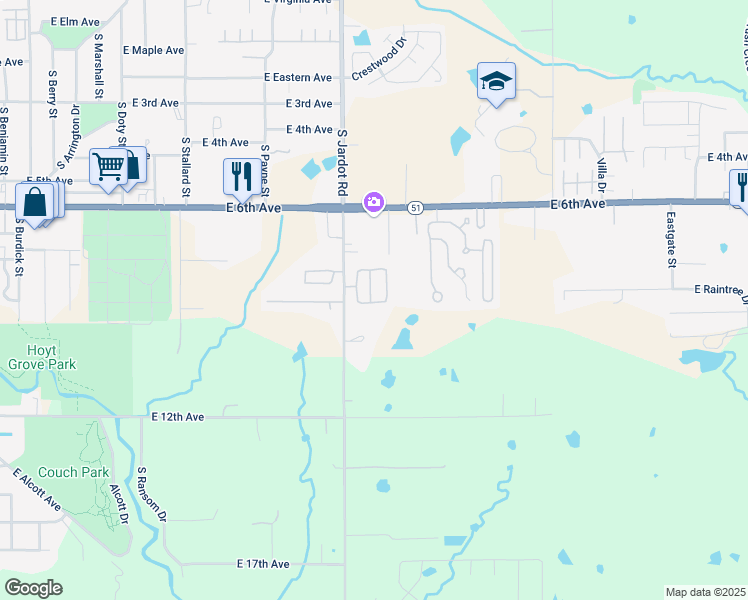 map of restaurants, bars, coffee shops, grocery stores, and more near 28 Oakwood Drive in Stillwater