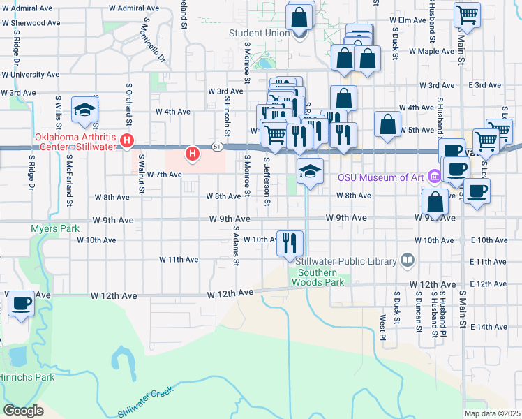 map of restaurants, bars, coffee shops, grocery stores, and more near 824 South Jefferson Street in Stillwater