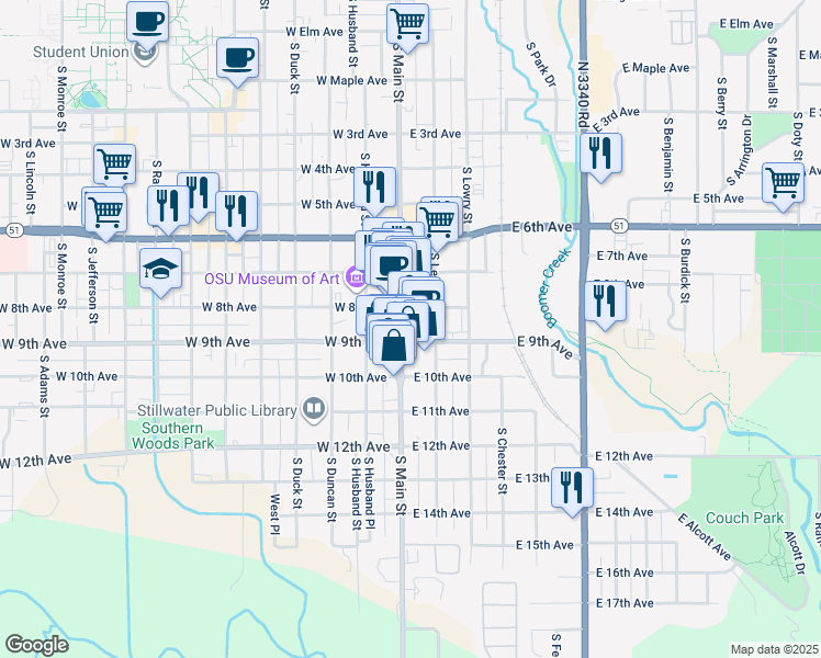 map of restaurants, bars, coffee shops, grocery stores, and more near in Stillwater