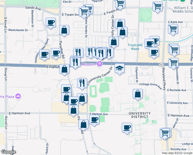 map of restaurants, bars, coffee shops, grocery stores, and more near 4131 South University Center Drive in Las Vegas