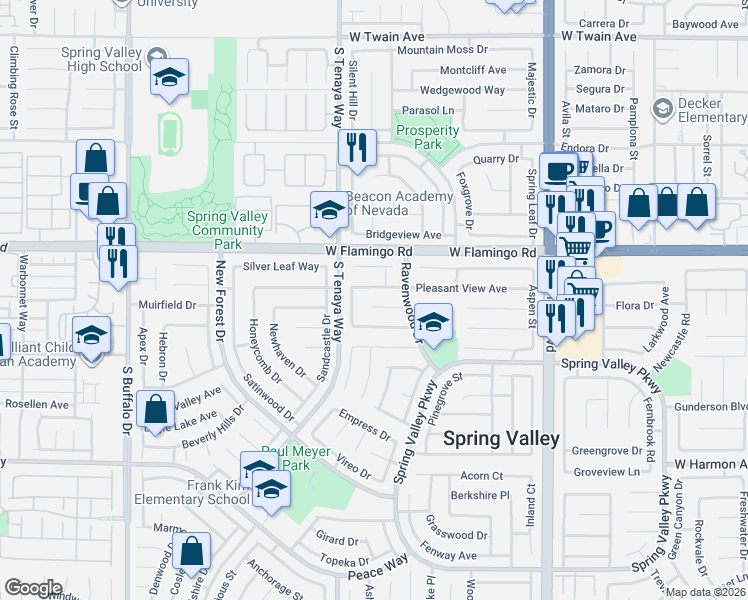 map of restaurants, bars, coffee shops, grocery stores, and more near 7296 Pinebrook Circle in Las Vegas