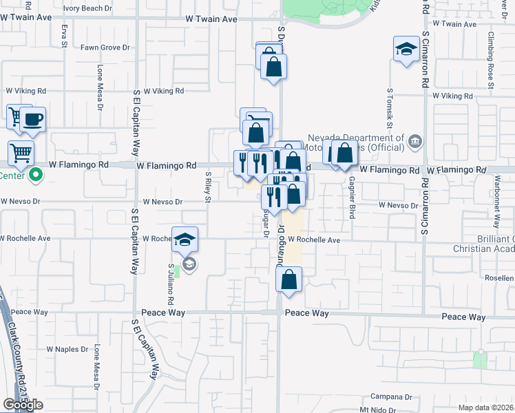 map of restaurants, bars, coffee shops, grocery stores, and more near 4235 Rimwood Court in Las Vegas