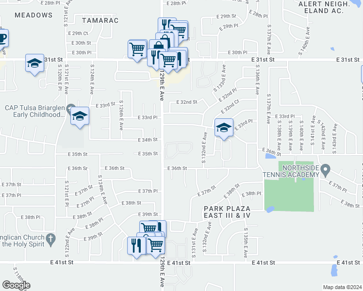 map of restaurants, bars, coffee shops, grocery stores, and more near 12917 East 35th Street in Tulsa