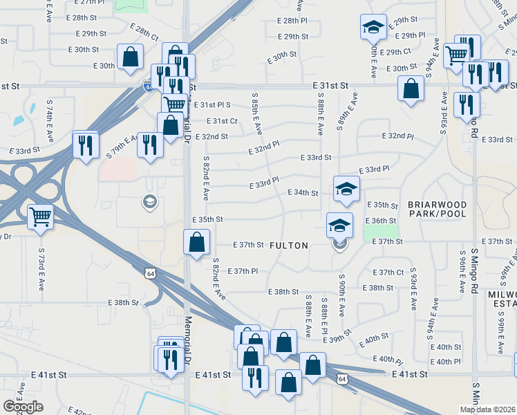 map of restaurants, bars, coffee shops, grocery stores, and more near 8287 East 35th Street in Tulsa